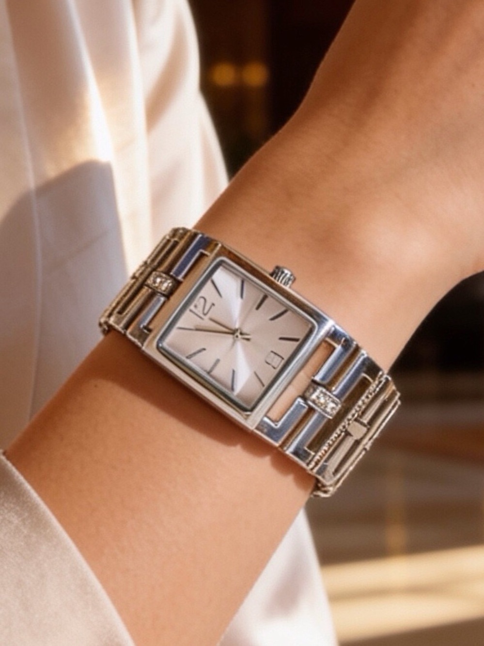 Bright Silvertone  6.75" Geometric Bracelet Watch W/ Extra Extension Link